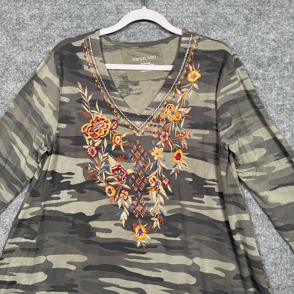 Karyn Seo Womens Sz Medium Embroidered Camo Dress Olive Green V Neck 3/4 Sleeves - Picture 4 of 8
